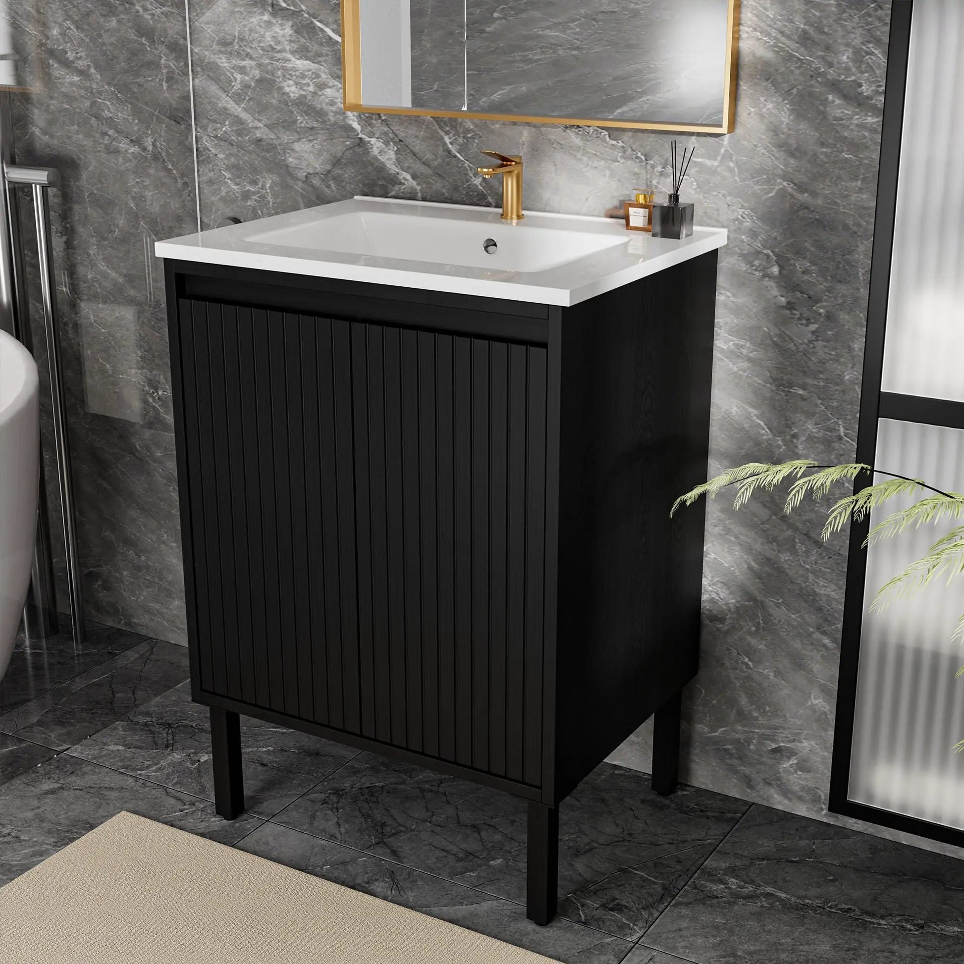 Bathroom vanity with ceramic sink, black cabinet, white countertop, soft-closing drawers on Tampa Home & Garden Store