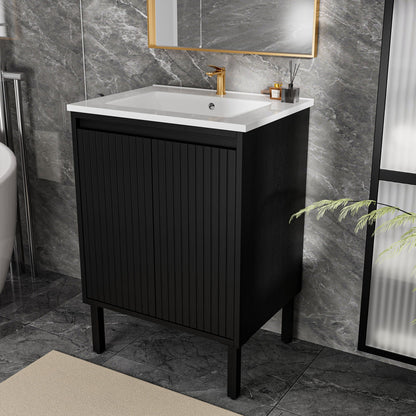 Bathroom vanity with ceramic sink, black cabinet, white countertop, soft-closing drawers on Tampa Home & Garden Store
