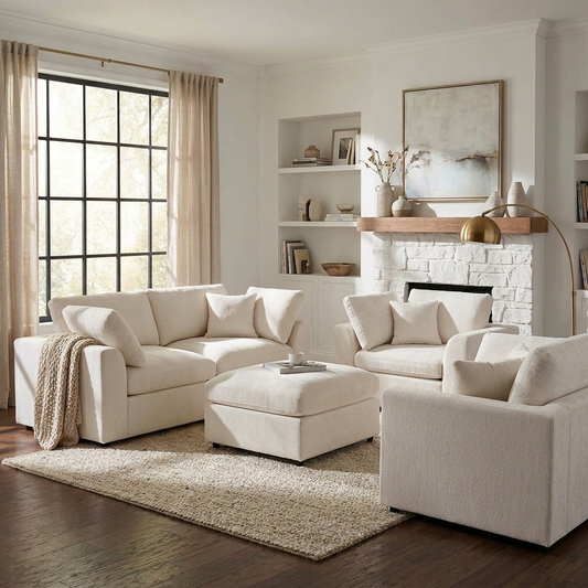 U-Style 4-piece sofa set with two accent chairs, loveseat, movable ottoman in neutral beige HouseOfZazla on Tampa Home & Garden Store
