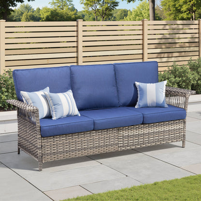 Outdoor wicker patio sofa with blue cushions and armrests, 76.7 inches wide on Tampa Home & Garden Store