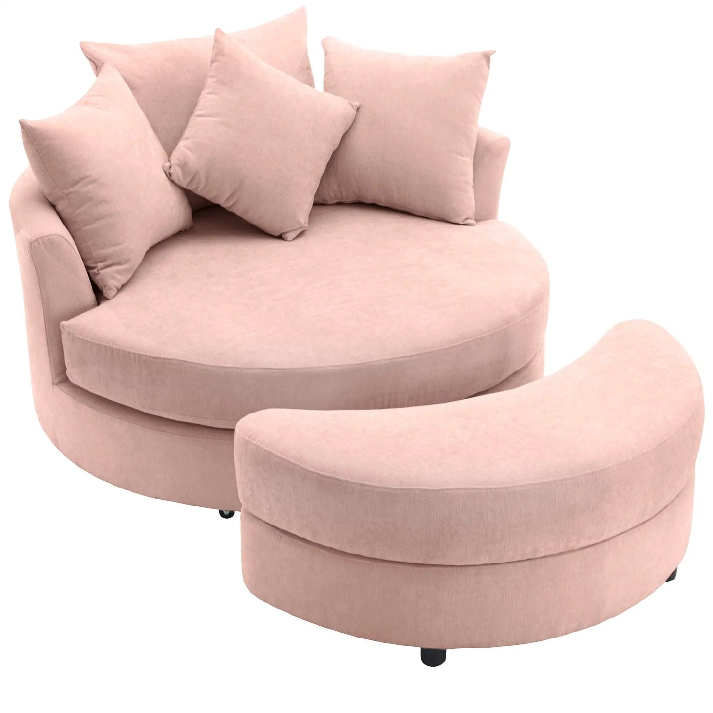 360° Swivel Accent Barrel Chair with Storage Ottoman and 4 pillows in blush pink fabric on Tampa Home & Garden Store