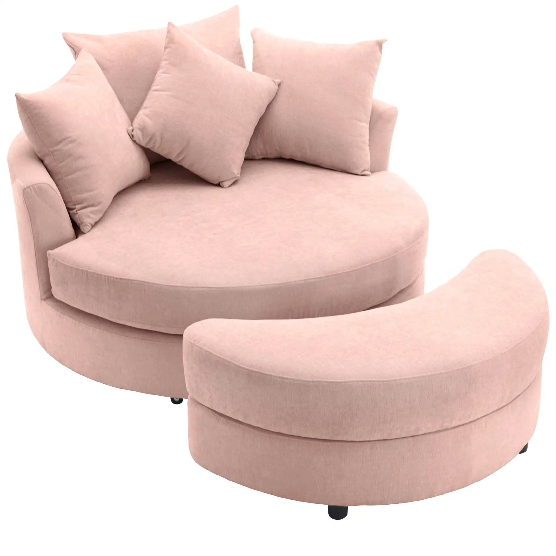 360° Swivel Accent Barrel Chair with Storage Ottoman and 4 pillows in blush pink fabric on Tampa Home & Garden Store