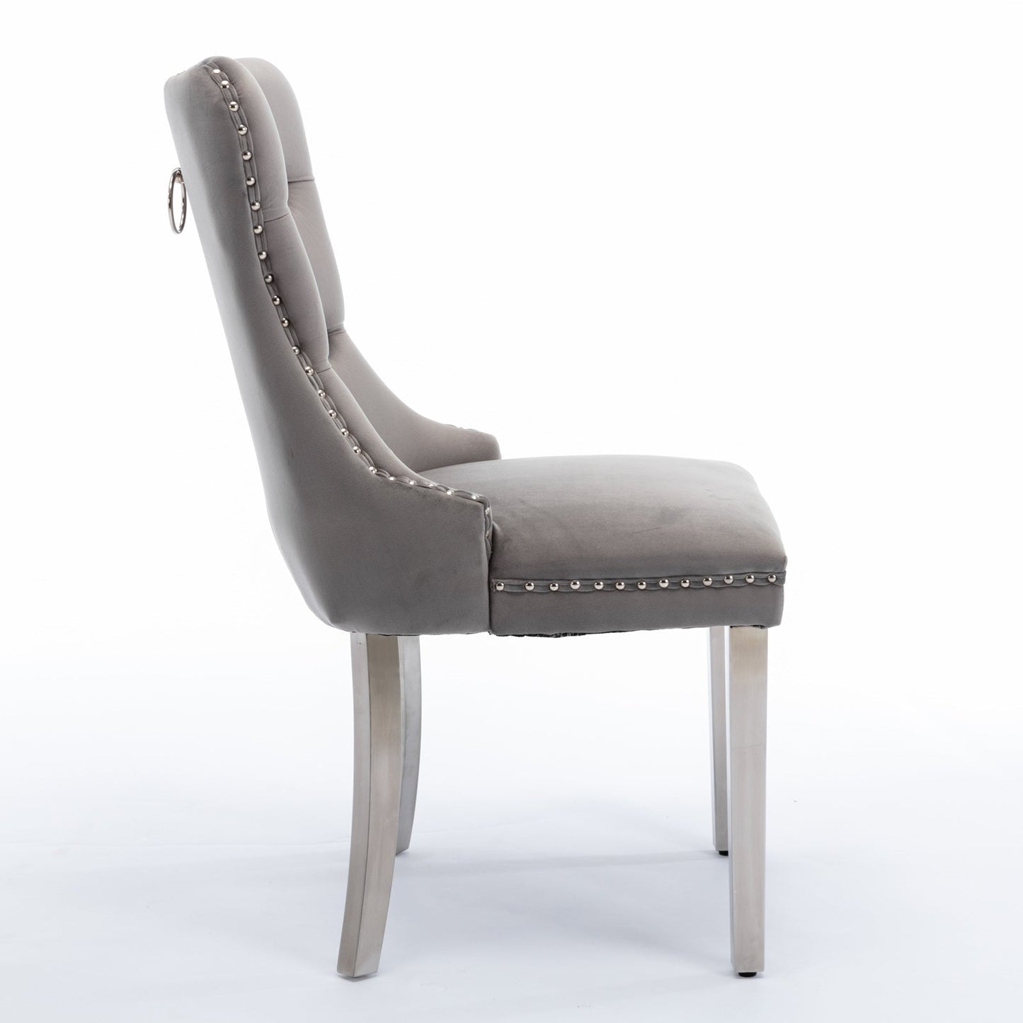 Nikki Collection gray velvet dining chairs set of 2 with nailhead trim and metal legs on Tampa Home & Garden Store