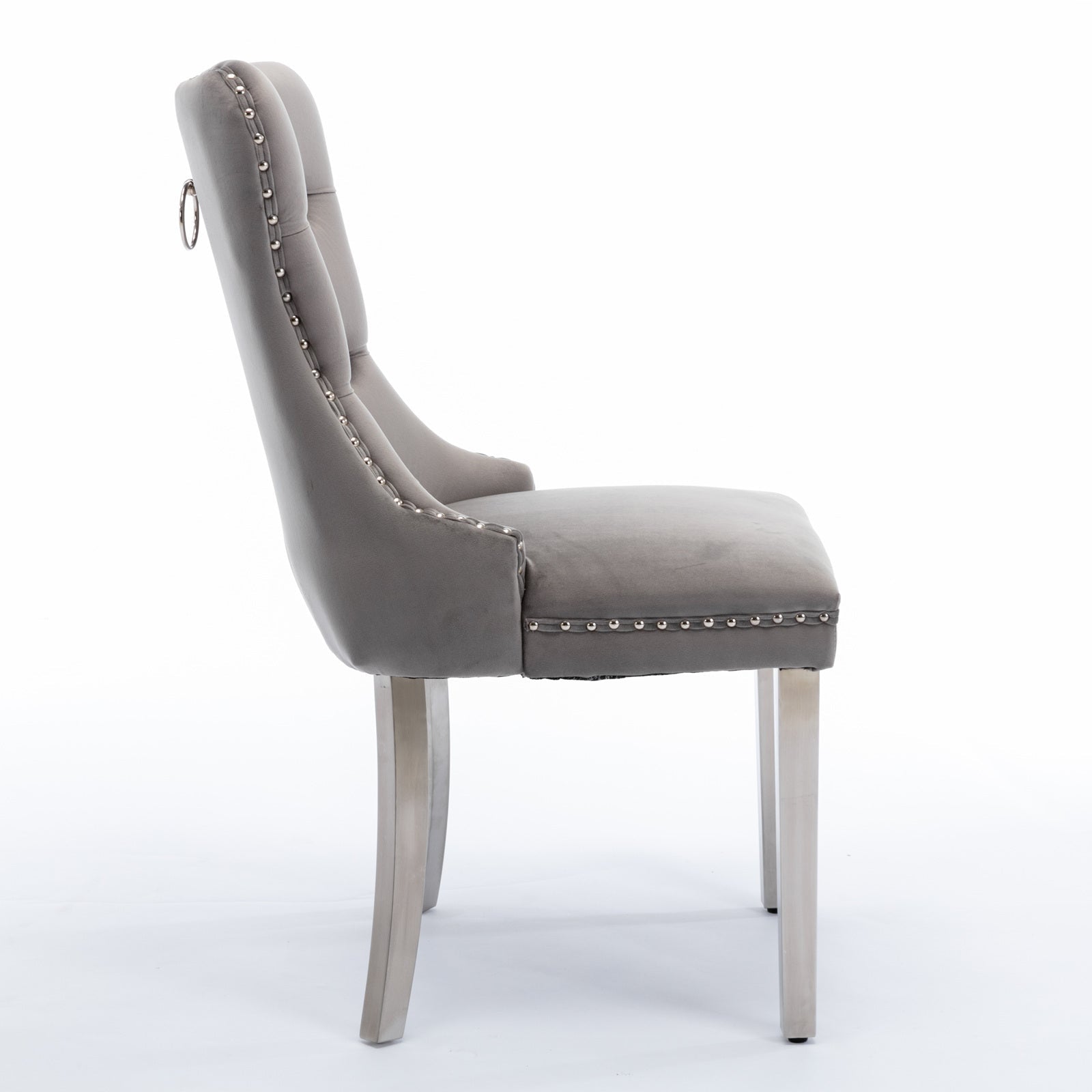 Nikki Collection gray velvet dining chairs set of 2 with nailhead trim and metal legs on Tampa Home & Garden Store