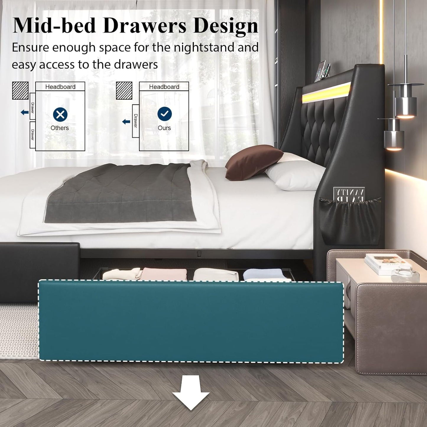 Wingback Upholstered Bed Frame Led and Usb