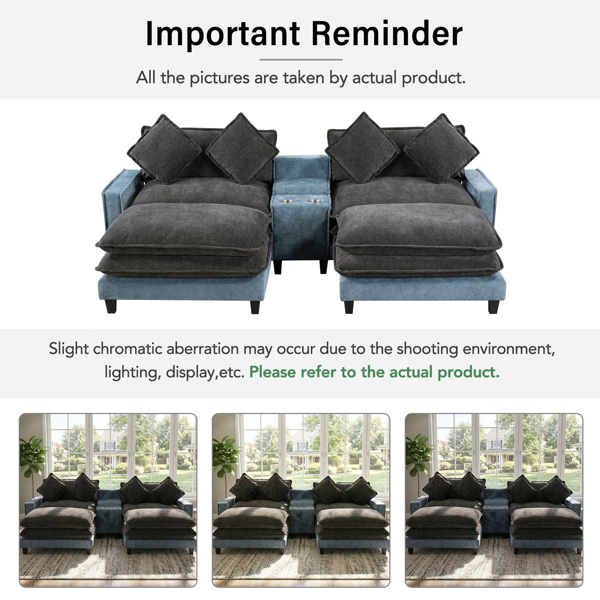 Sectional sofa with removable ottomans in gray blue, HouseOfZazla with USB ports and cupholders on Tampa Home & Garden Store