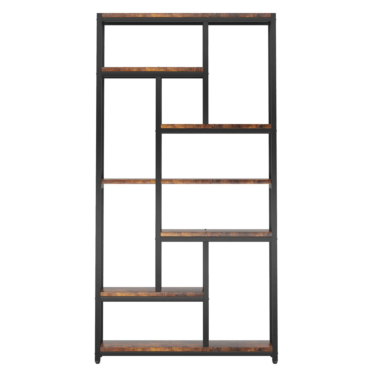 Extra tall 7-tier industrial etagere bookcase in black metal with rustic brown wood shelves on Tampa Home & Garden Store