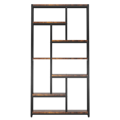 Extra tall 7-tier industrial etagere bookcase in black metal with rustic brown wood shelves on Tampa Home & Garden Store