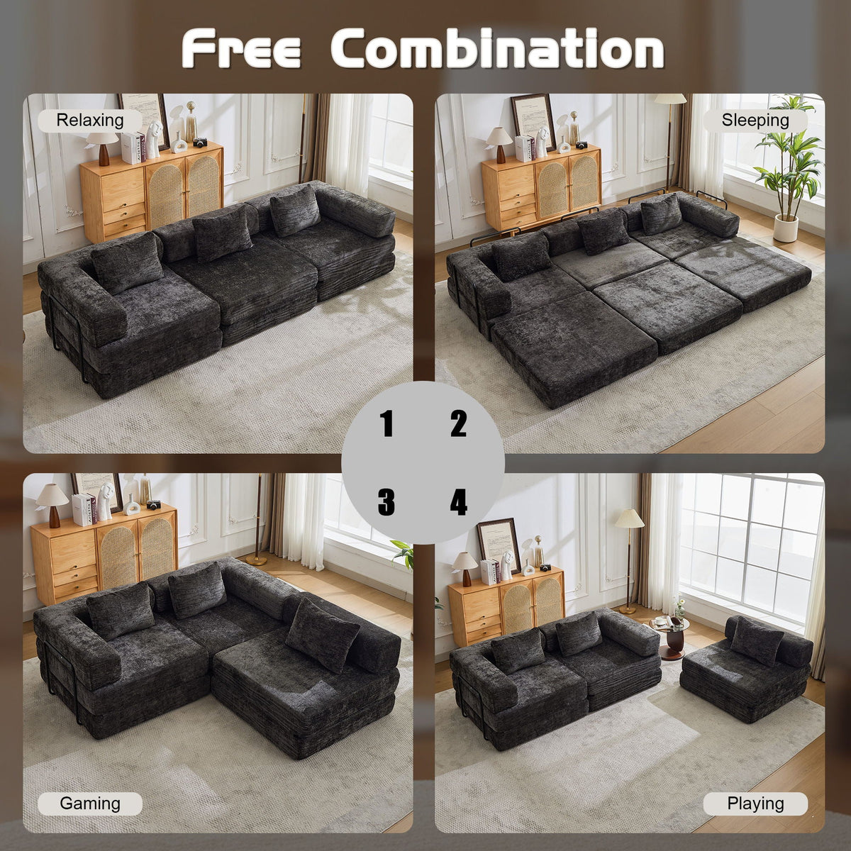 Convertible floor sofa bed boneless modular sectional in dark gray fabric four-angle views on Tampa Home & Garden Store