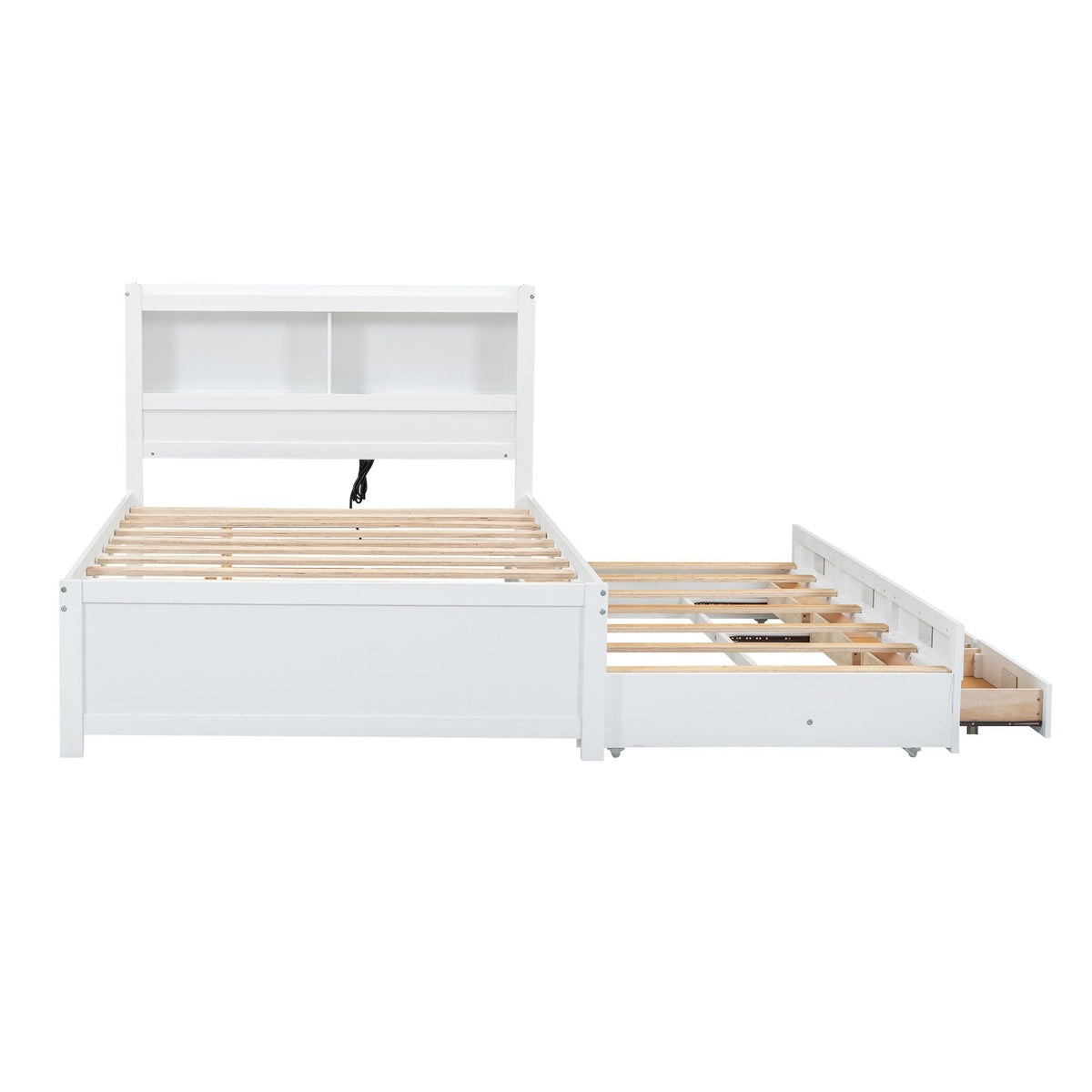 White full-size platform bed with trundle and built-in shelves by HouseOfZazla, slat base on Tampa Home & Garden Store