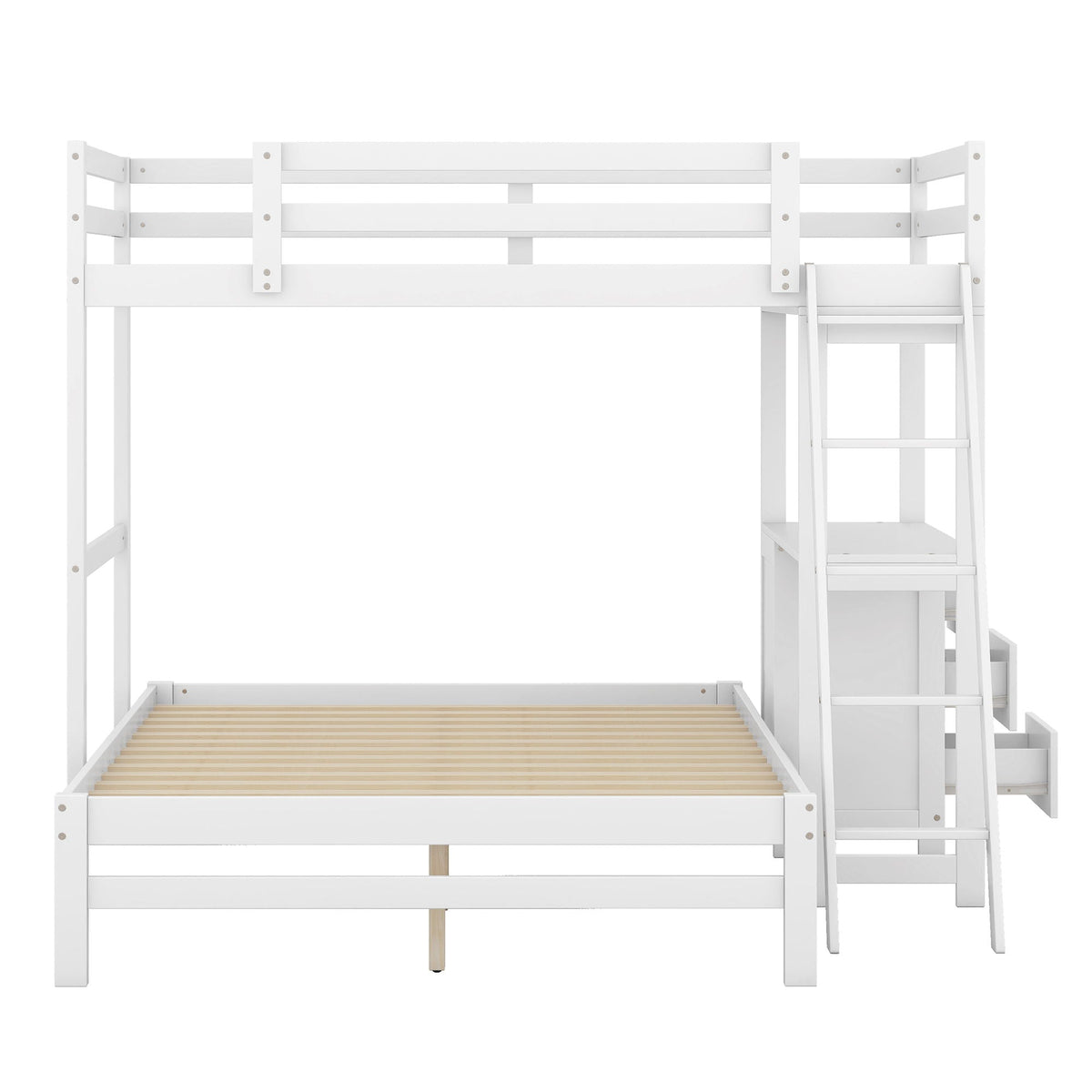 Bunk bed with built-in desk and 3 drawers, white wood finish, ladder on right, slatted bed base on Tampa Home & Garden Store