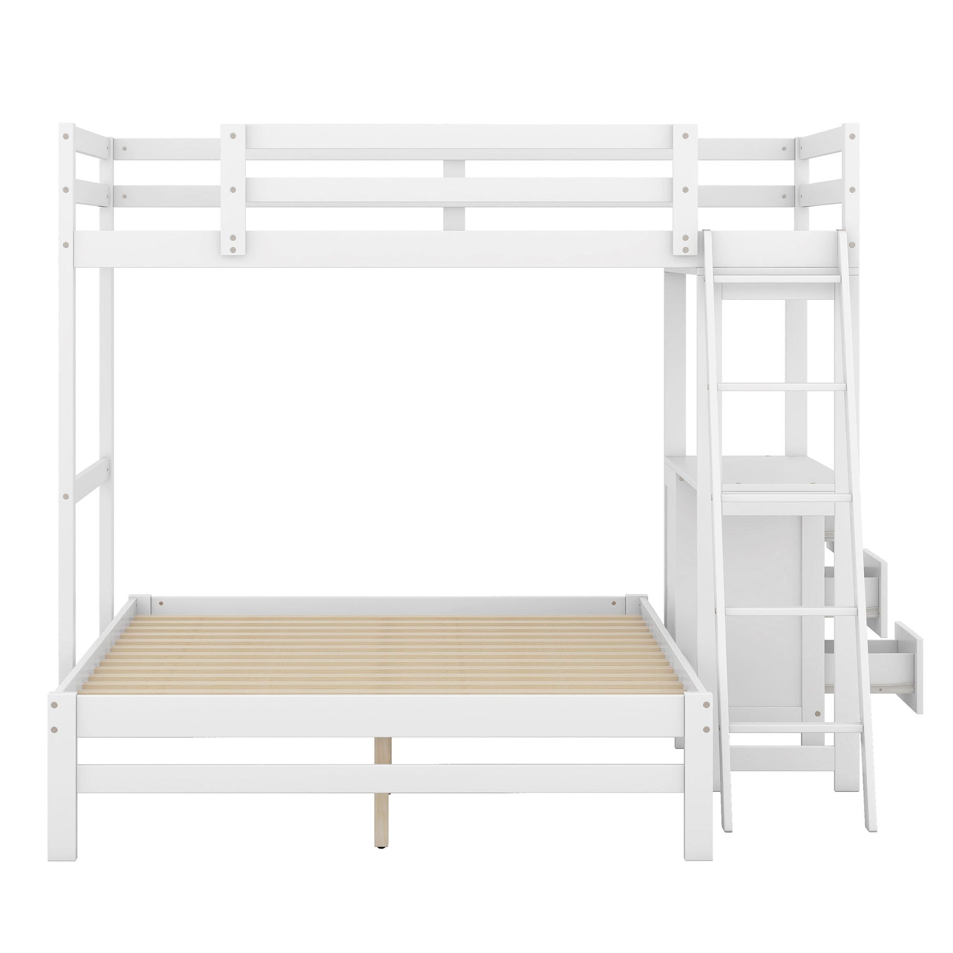 Bunk bed with built-in desk and 3 drawers, white wood finish, ladder on right, slatted bed base on Tampa Home & Garden Store