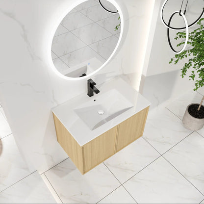 Floating Bathroom Vanity With Sink Combo white countertop, oak base on Tampa Home & Garden Store