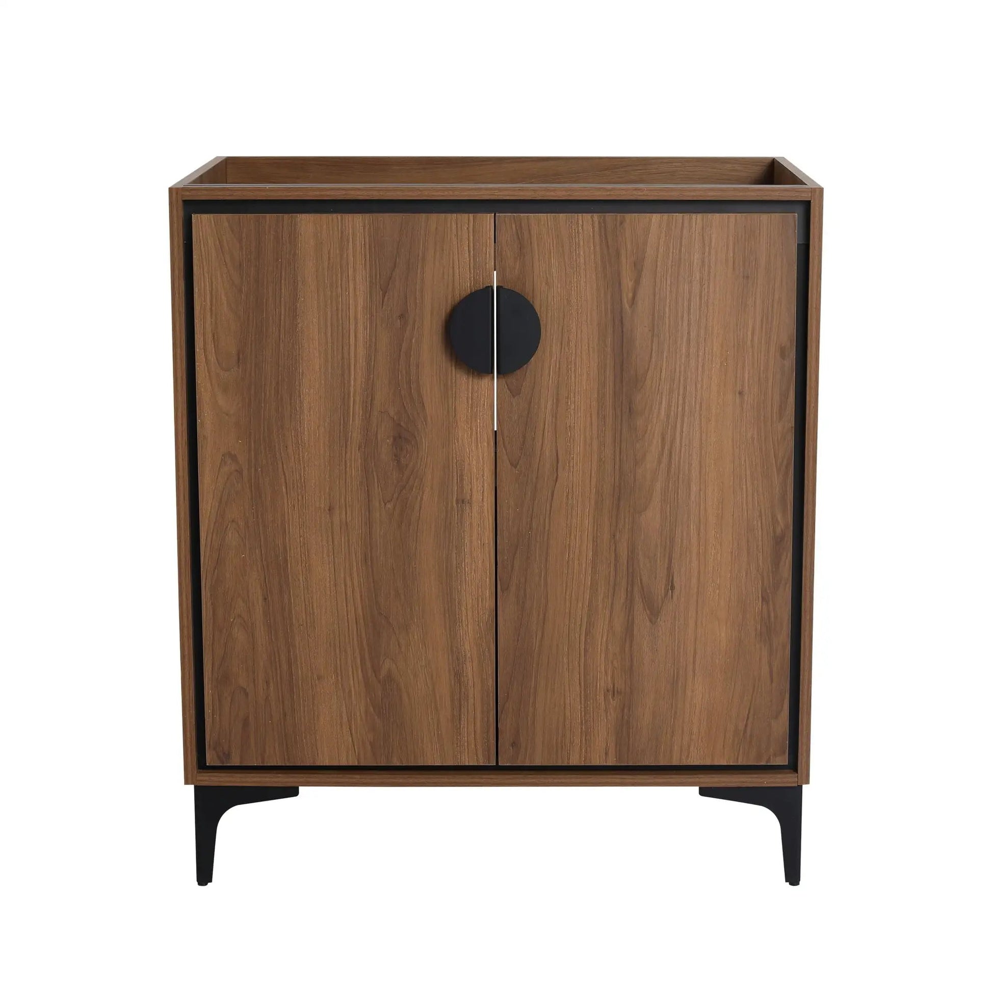 Two-door vanity cabinet in walnut finish engineered wood with black round pulls on Tampa Home & Garden Store