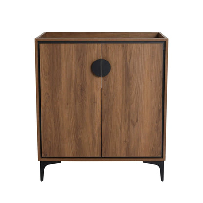 Two-door vanity cabinet in walnut finish engineered wood with black round pulls on Tampa Home & Garden Store