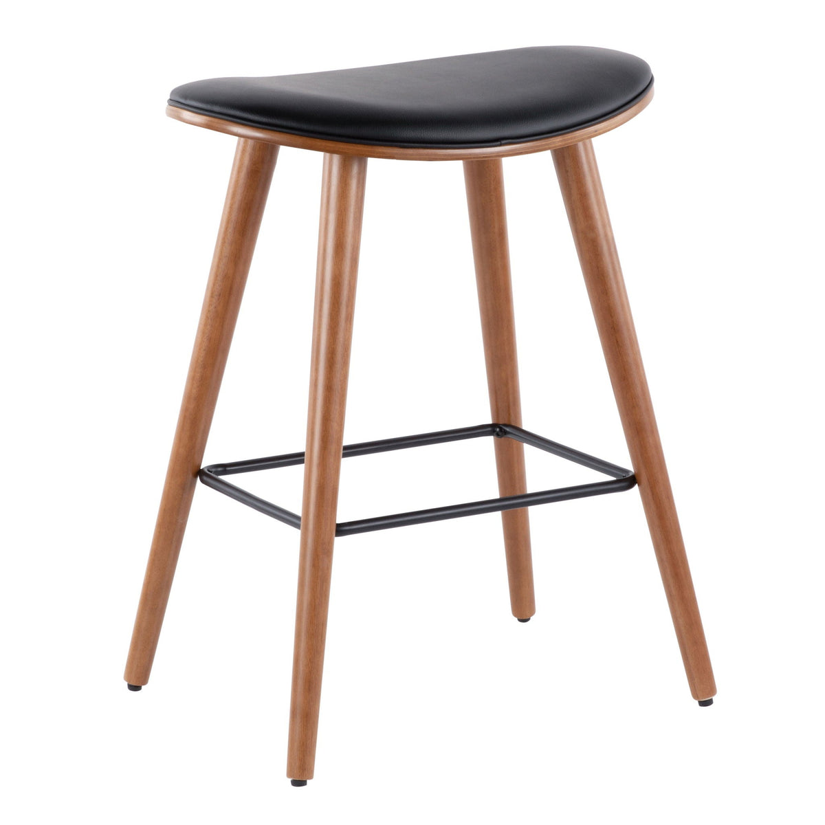 Contemporary upholstered counter stool with black seat and wood legs with metal footrest on Tampa Home & Garden Store