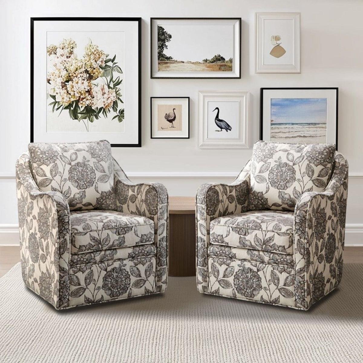 Wide seat swivel arm chairs set of four in gray floral upholstery around a pedestal table on Tampa Home & Garden Store