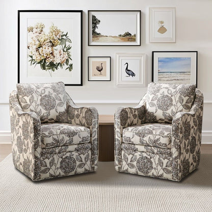 Wide seat swivel arm chairs set of four in gray floral upholstery around a pedestal table on Tampa Home & Garden Store
