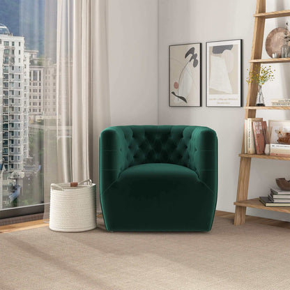 Delaney ergonomic swivel chair in emerald green velvet with tufted back in living room on Tampa Home & Garden Store