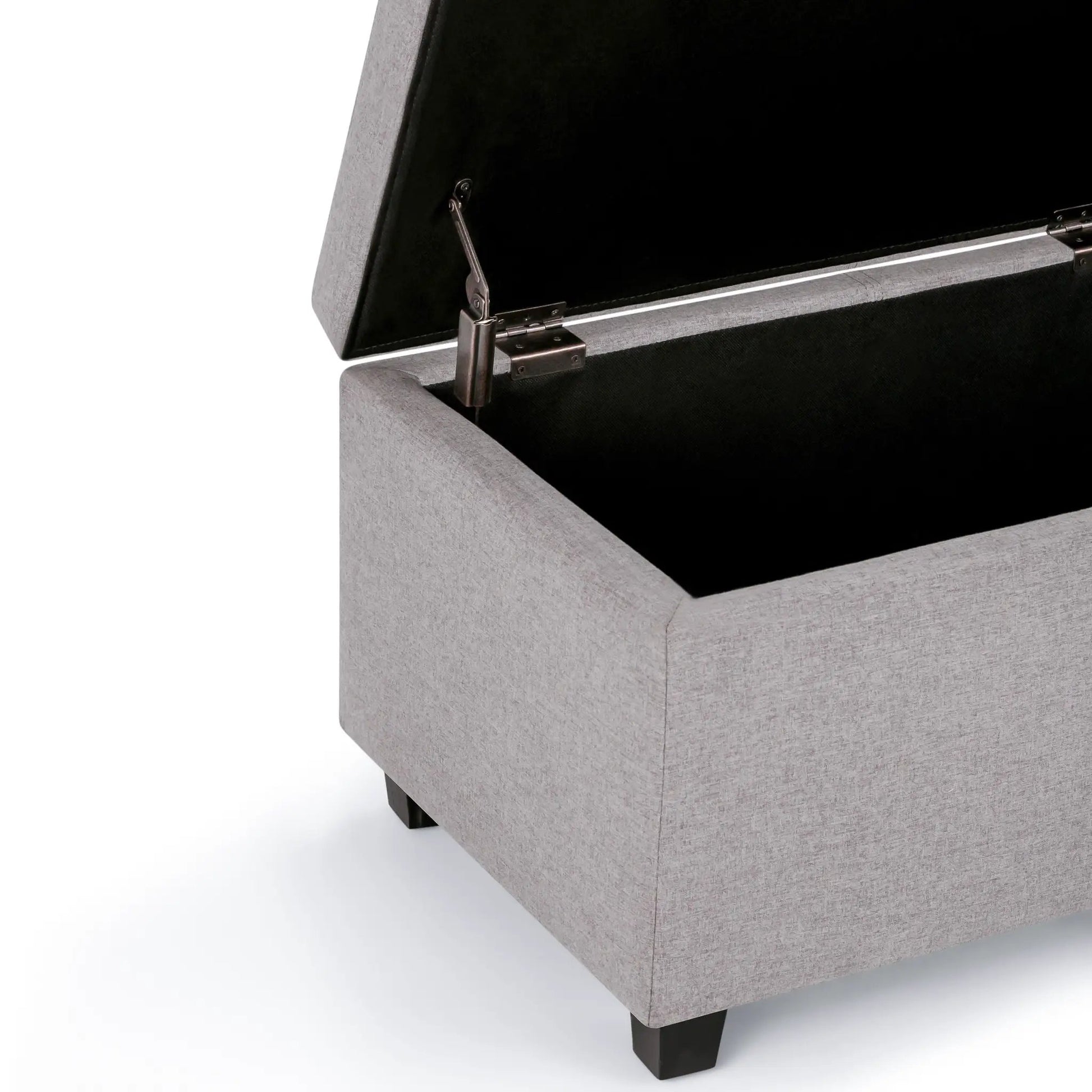 Avalon ottoman bench, grey textured upholstery with metal hinges, Unique Piece Furniture on Tampa Home & Garden Store
