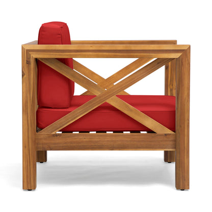 Brava mid-century modern club chair with red water-resistant cushions and wood frame on Tampa Home & Garden Store