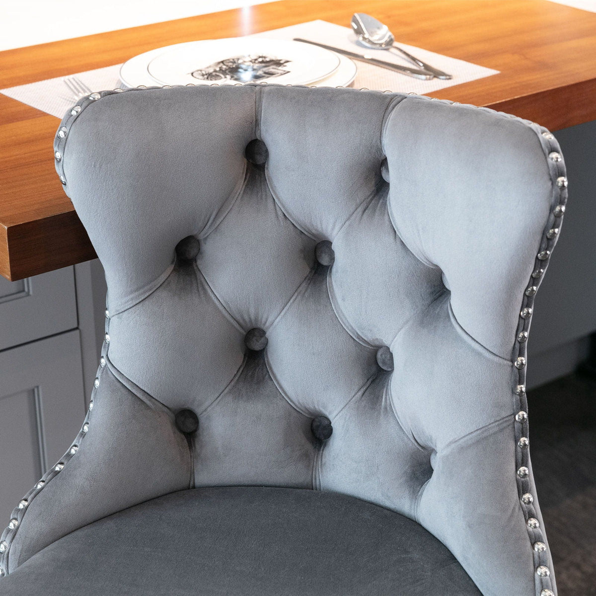 Swivel adjustable height barstools set of 2 in grey velvet with tufted back and nailhead trim on Tampa Home & Garden Store