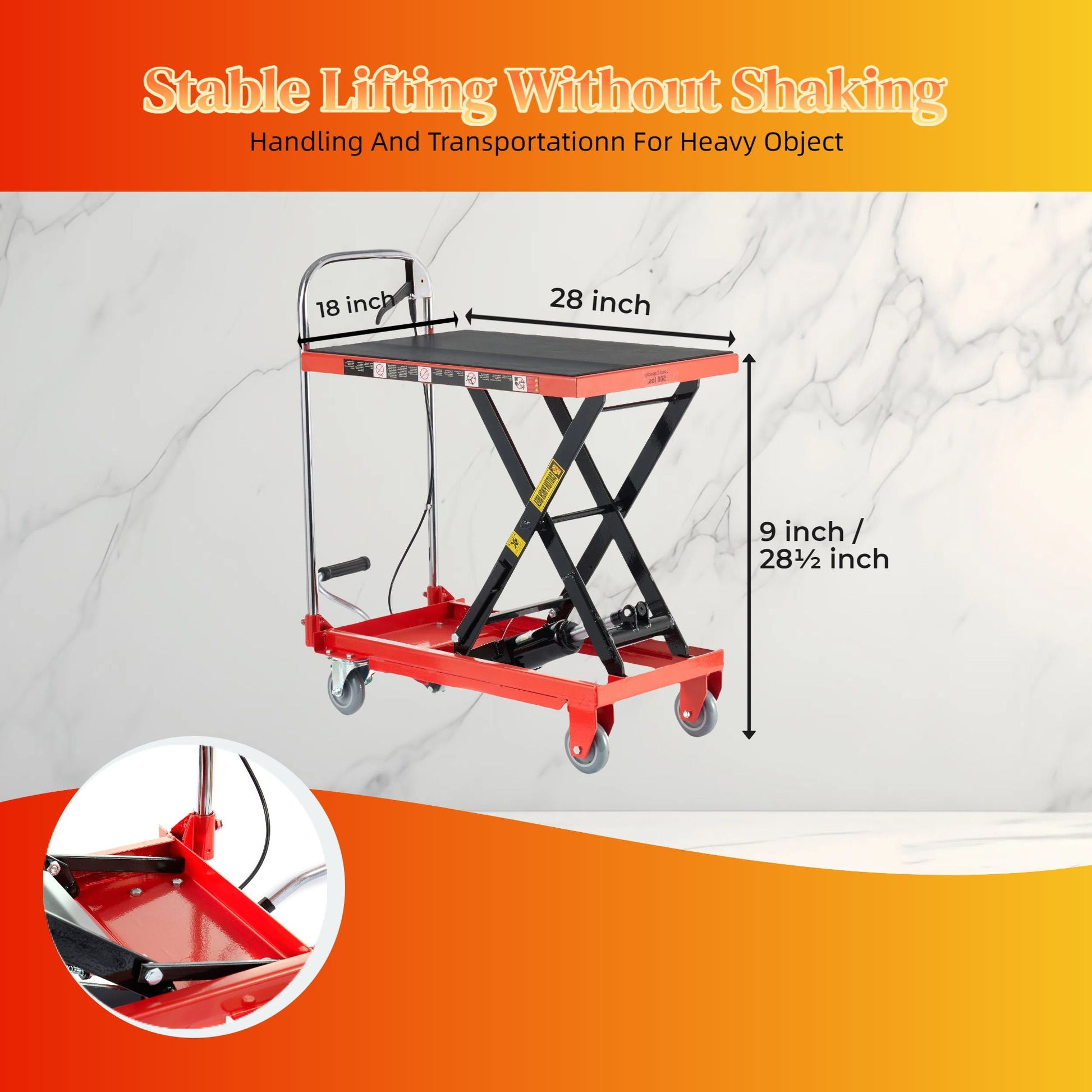 Hydraulic lift table cart, red/black with gray non-slip pads, wheels and single scissor lift on Tampa Home & Garden Store