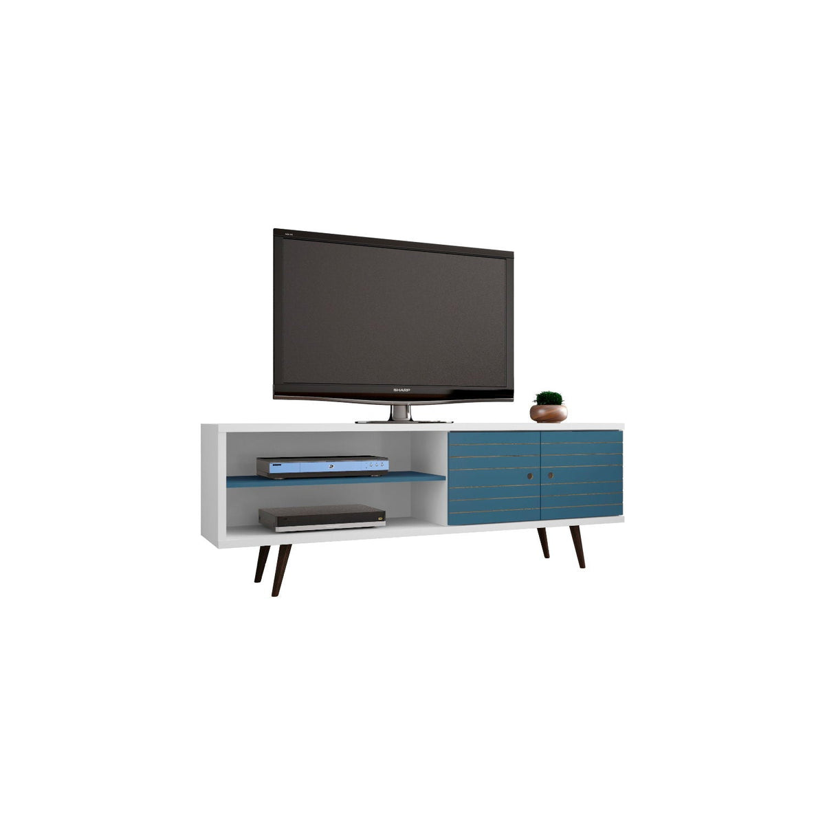 Liberty TV Stand with solid wood splayed legs, white body and blue doors, hidden storage on Tampa Home & Garden Store