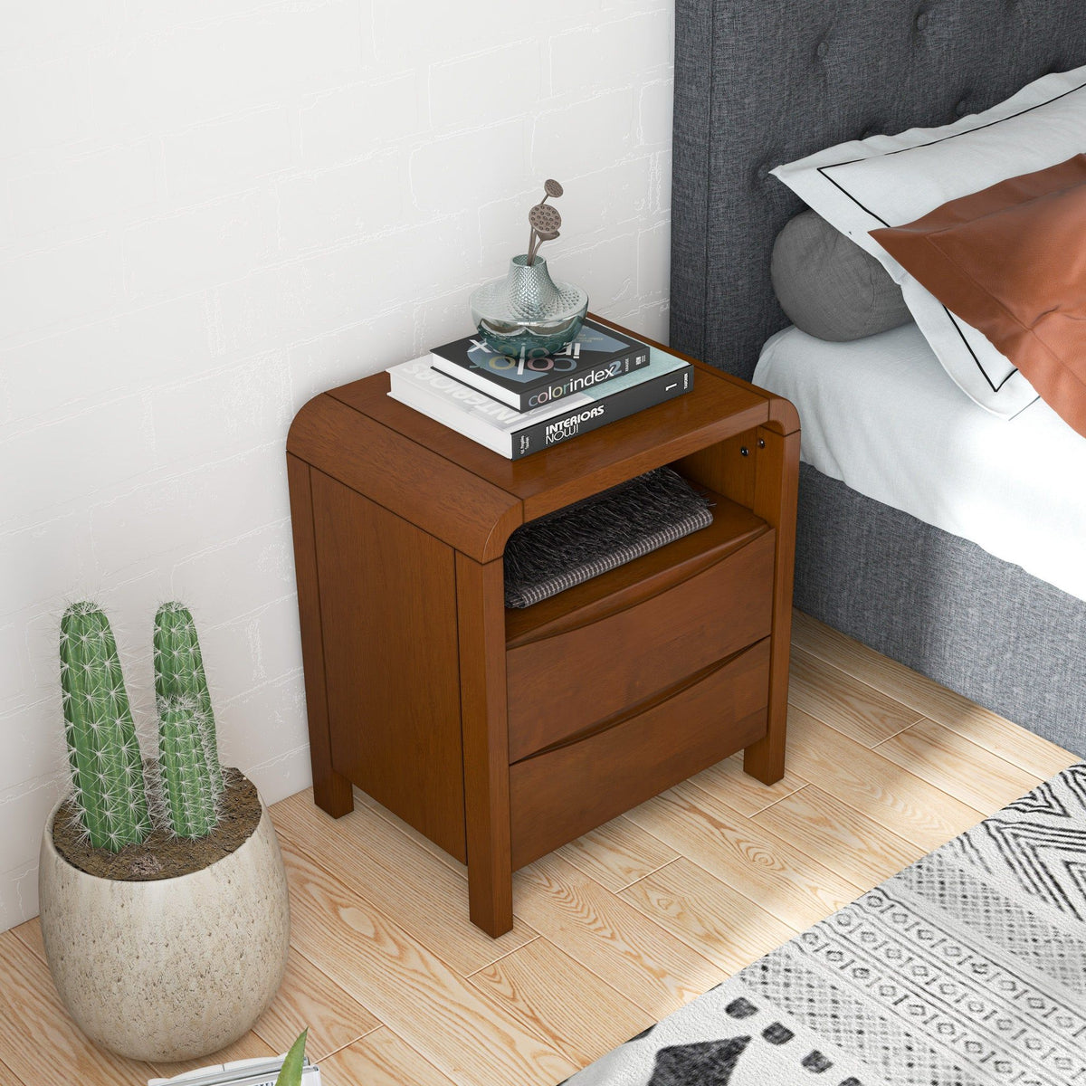 Brown solid wood 2-drawer nightstand by HouseOfZazla with stacked books and decorative vase on Tampa Home & Garden Store