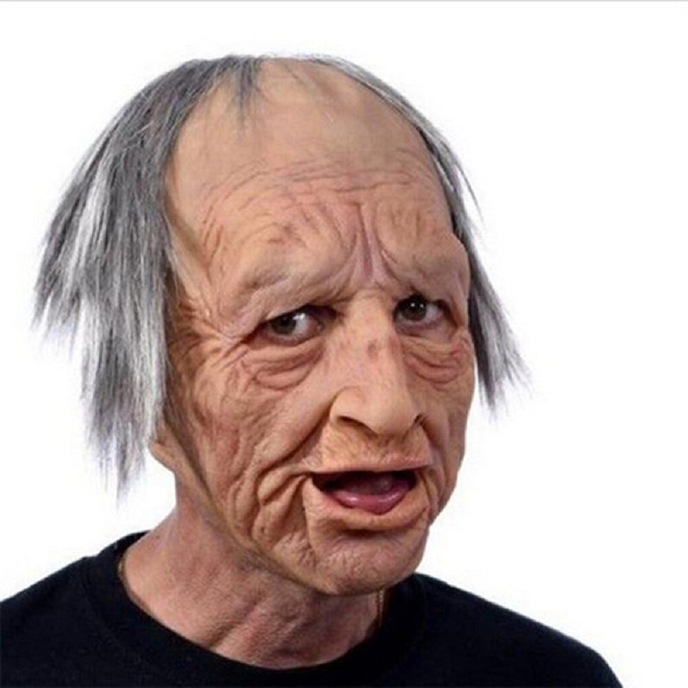 Realistic Old Man Halloween Mask by Moktan Sabai, gray hair and deep wrinkles on Tampa Home & Garden Store