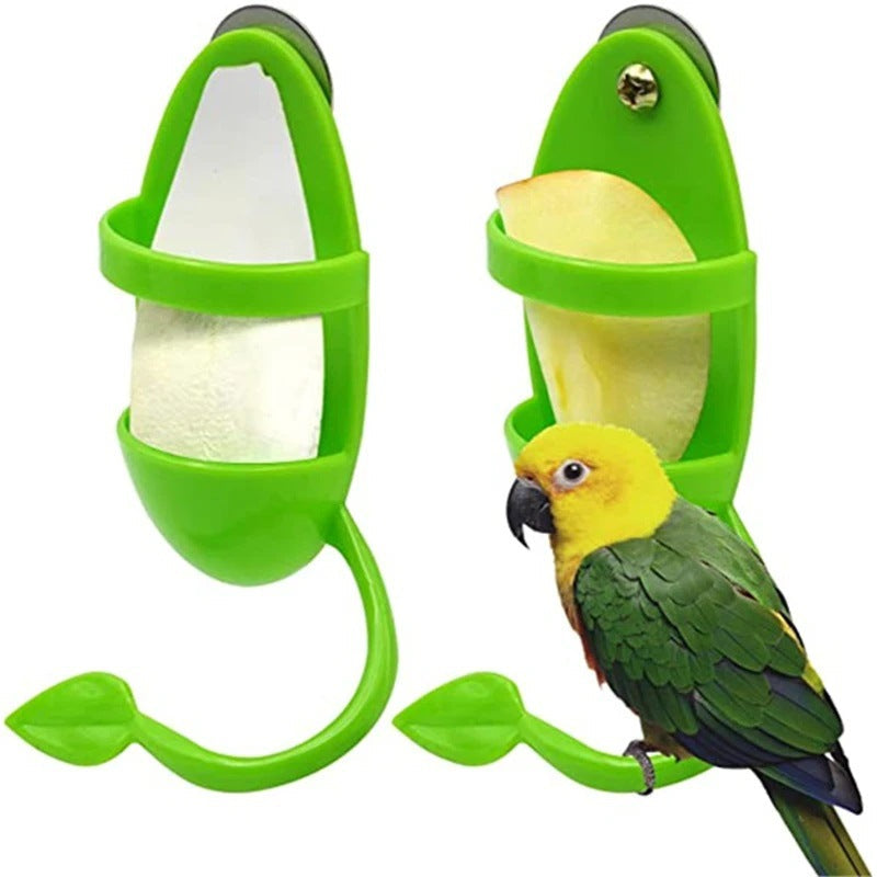 Parrot food rack in green plastic with curved hanging hook; holds cuttlefish bone; 2-pack on Tampa Home & Garden Store