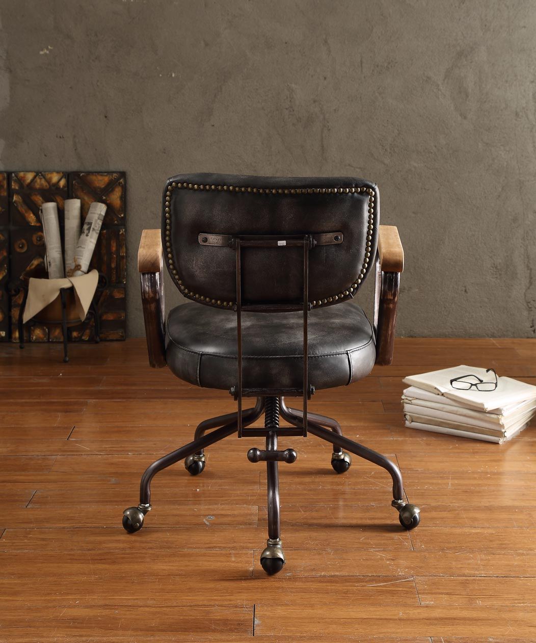 Hallie top-grain leather office chair vintage black with studded back and wooden arms on Tampa Home & Garden Store