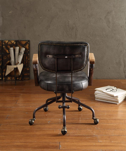 Hallie top-grain leather office chair vintage black with studded back and wooden arms on Tampa Home & Garden Store