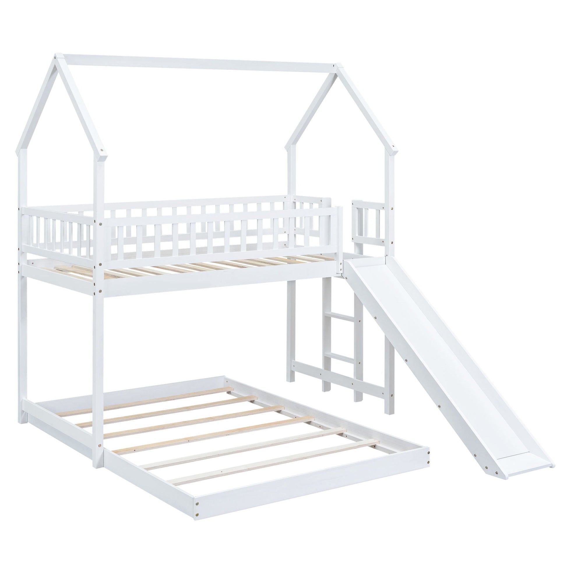 House Bunk Bed With Slide And Built In Ladder by HouseOfZazla, white wooden frame on Tampa Home & Garden Store