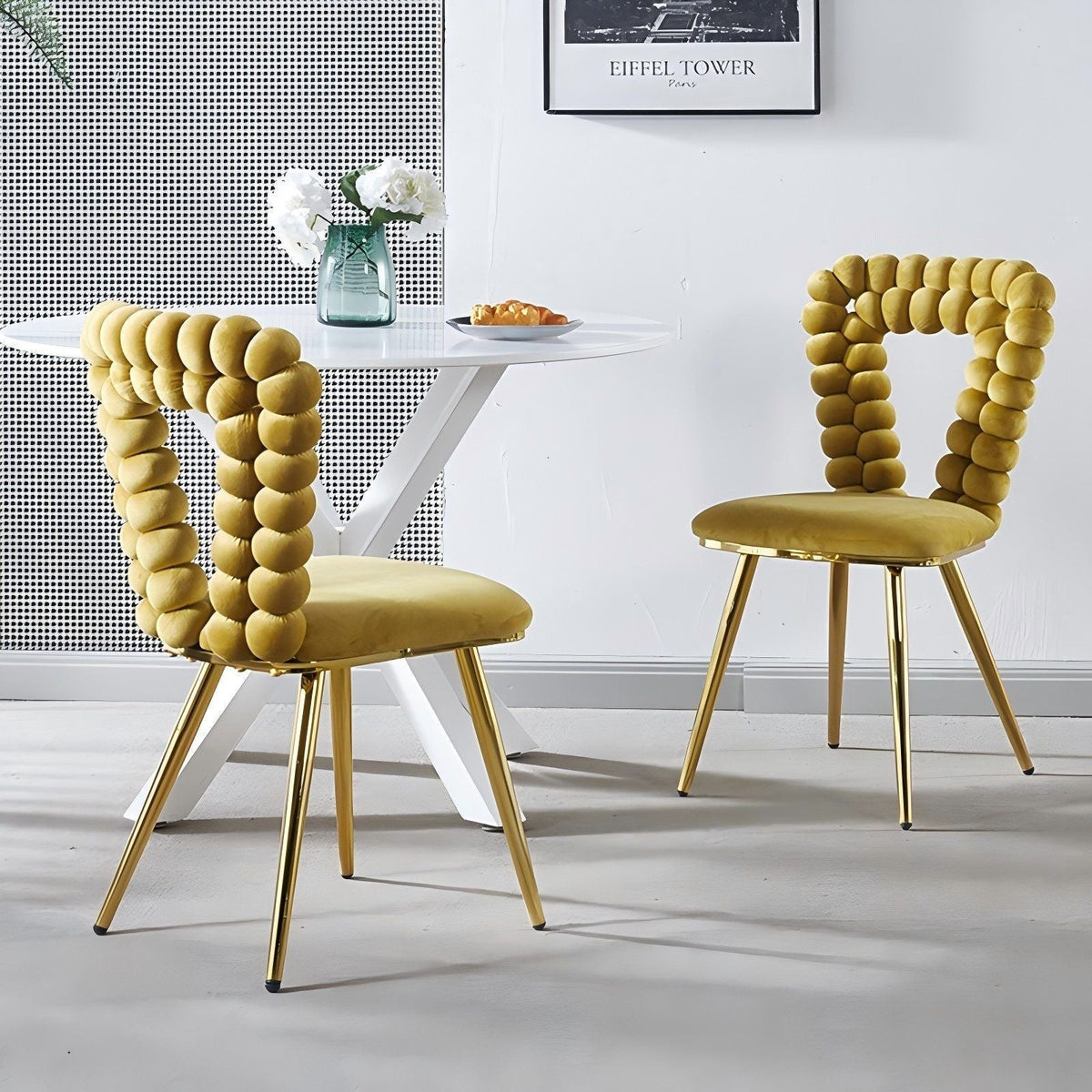 Modern chair set with iron tube legs and soft yellow cushions, two chairs on Tampa Home & Garden Store