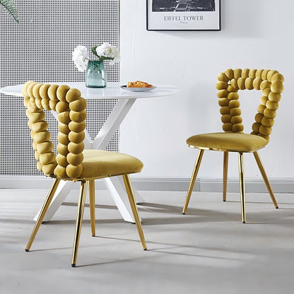 Modern chair set with iron tube legs and soft yellow cushions, two chairs on Tampa Home & Garden Store
