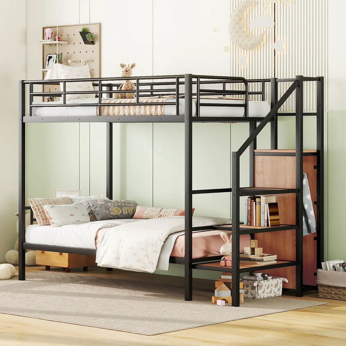 Bunk Bed With Lateral Storage Ladder and Wardrobe