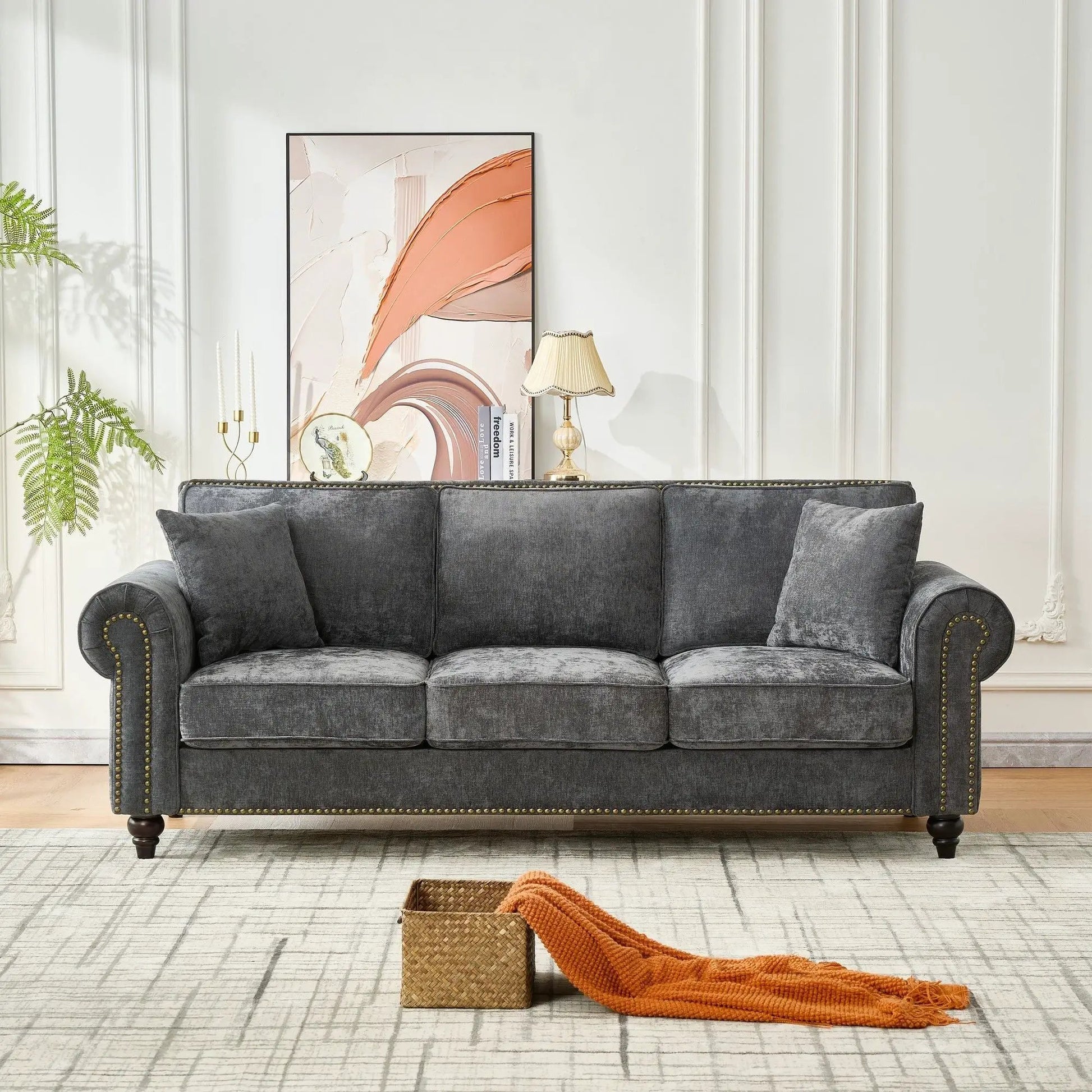 3 Seater sofa with tufted upholstery, rolled arms, nailhead trim in dark gray velvet on Tampa Home & Garden Store