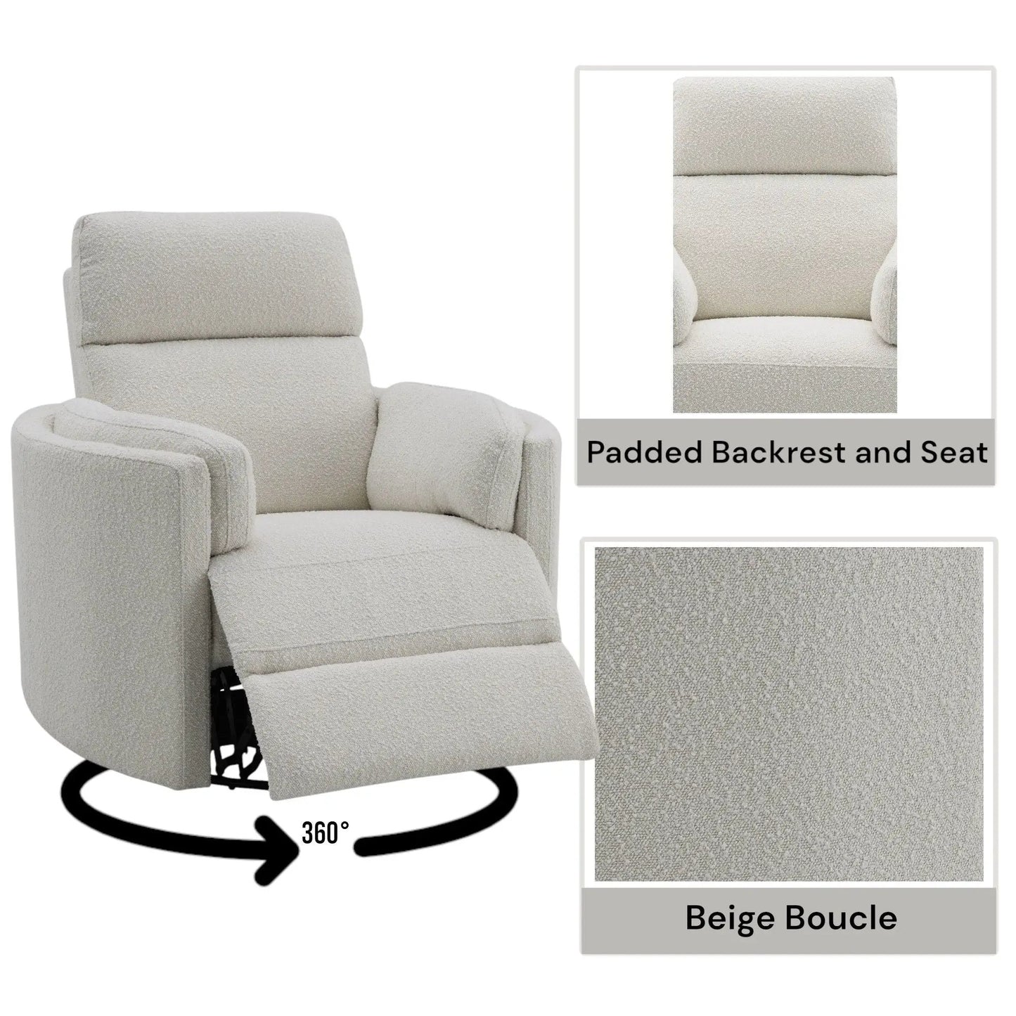 Sagen Glider Recliner with Swivel beige boucle fabric; backrest and seat, 360° swivel on Tampa Home & Garden Store
