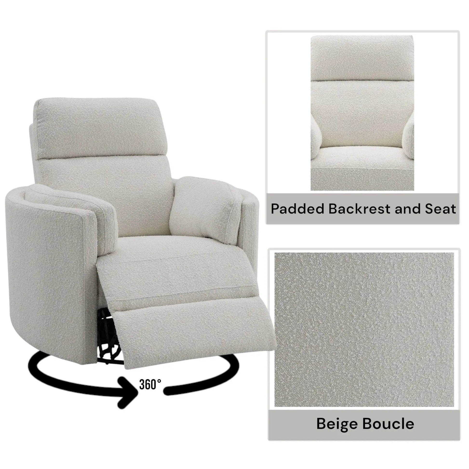 Sagen Glider Recliner with Swivel beige boucle fabric; backrest and seat, 360° swivel on Tampa Home & Garden Store