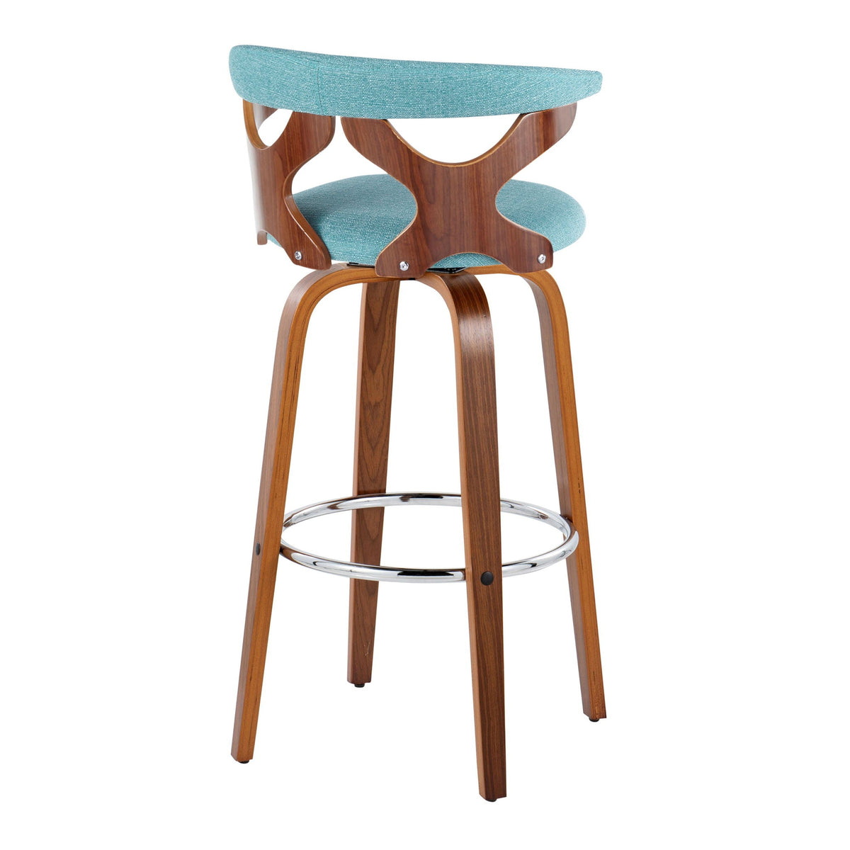 Mid Century Modern swivel barstool with teal fabric upholstery and curved wood frame on Tampa Home & Garden Store