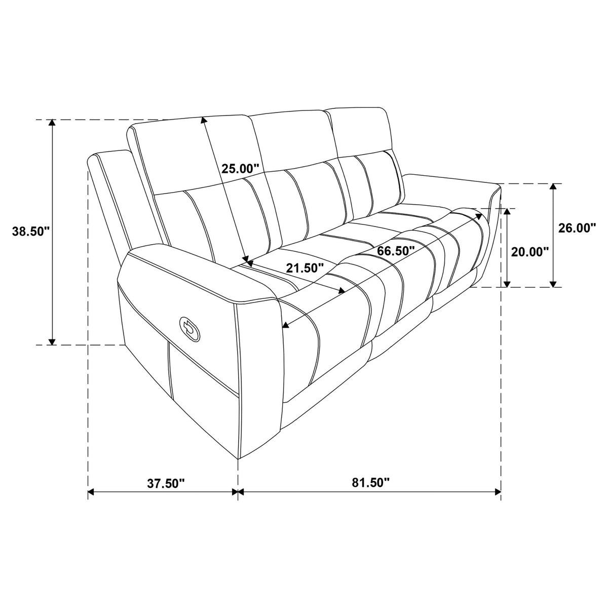 Slater 2-Piece Reclining Sofa Set with Manual Recline by HouseOfZazla, sofa + chaise, dim diagram on Tampa Home & Garden Store