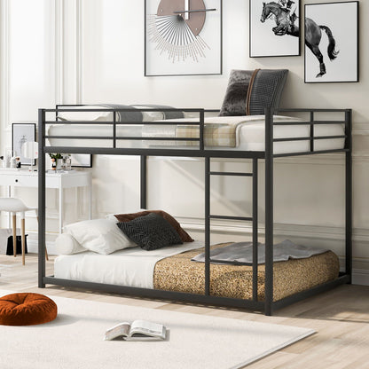 Metal bunk bed by HouseOfZazla, low bunk with ladder, black steel frame in a white bedroom on Tampa Home & Garden Store
