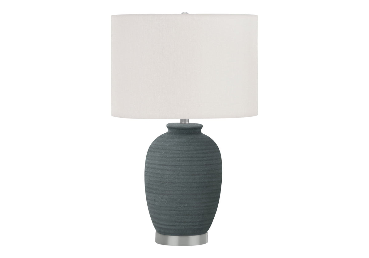 Table lamp ceramic blue with ribbed base and light gray linen shade on Tampa Home & Garden Store