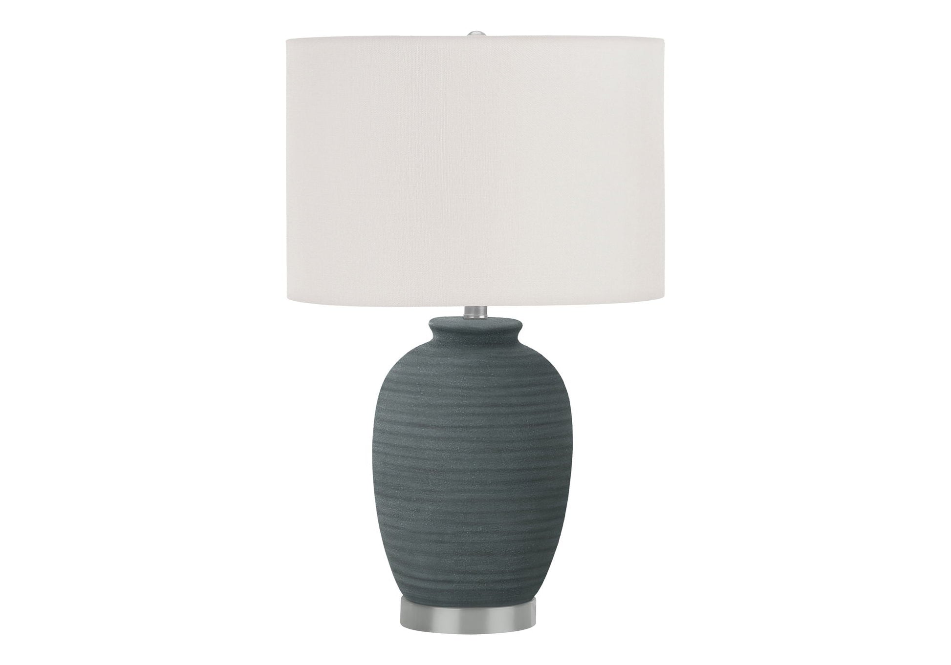 Table lamp ceramic blue with ribbed base and light gray linen shade on Tampa Home & Garden Store