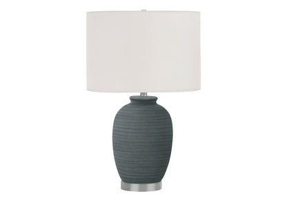 Table lamp ceramic blue with ribbed base and light gray linen shade on Tampa Home & Garden Store