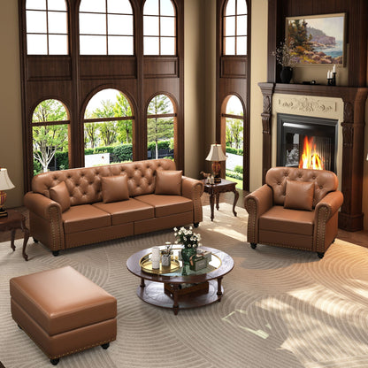 Upholstered Sofa with Nailhead and Ottoman