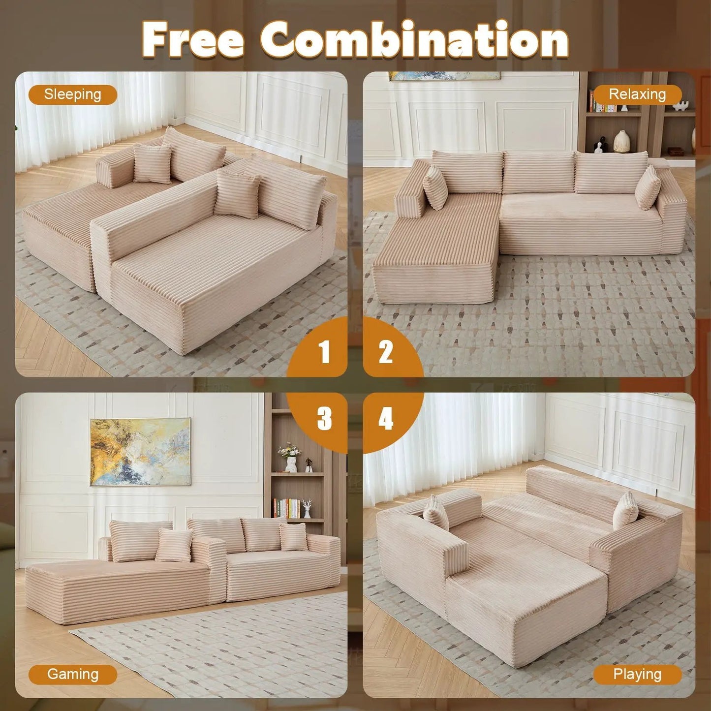Compression sectional sofa with chaise in beige corduroy, deep seat Unique Piece Furniture on Tampa Home & Garden Store