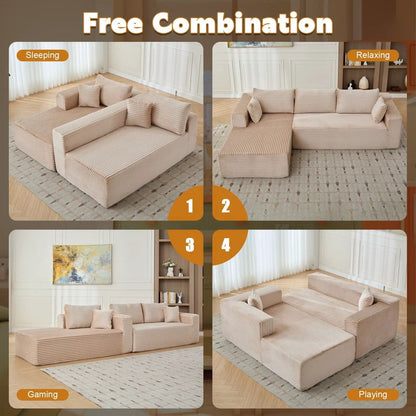 Compression sectional sofa with chaise in beige corduroy, deep seat Unique Piece Furniture on Tampa Home & Garden Store