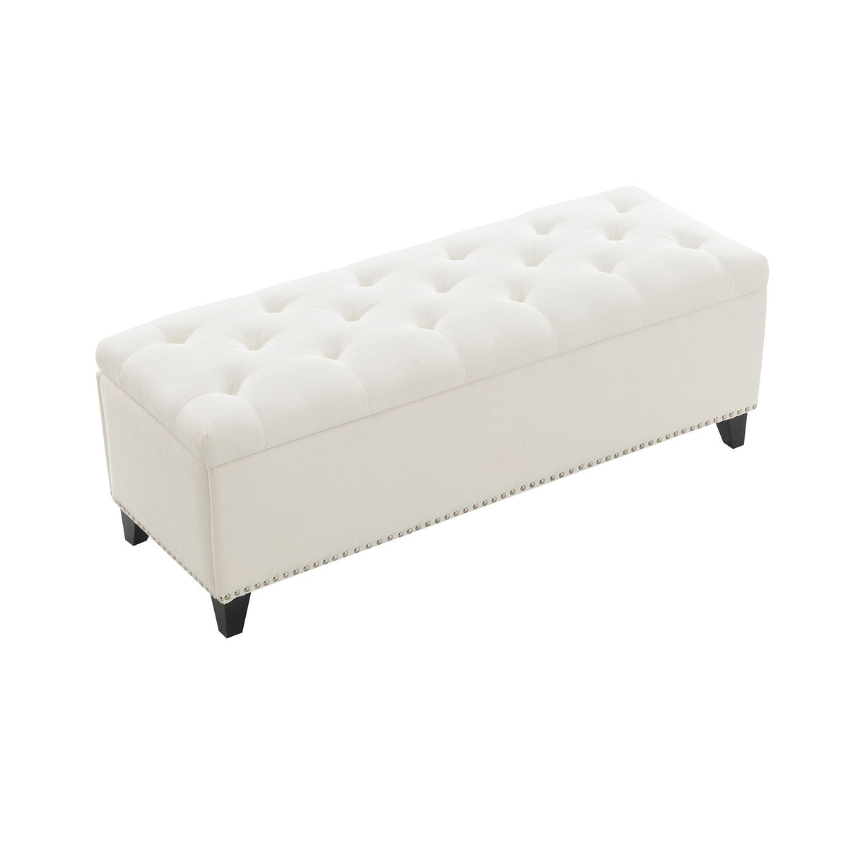 Button-Tufted storage ottoman by HouseOfZazla, white fabric, nailhead trim, black legs on Tampa Home & Garden Store